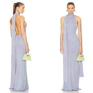 HELSA Novie Halterneck Draped Tie Knit Sky Blue Maxi Dress Size Small
